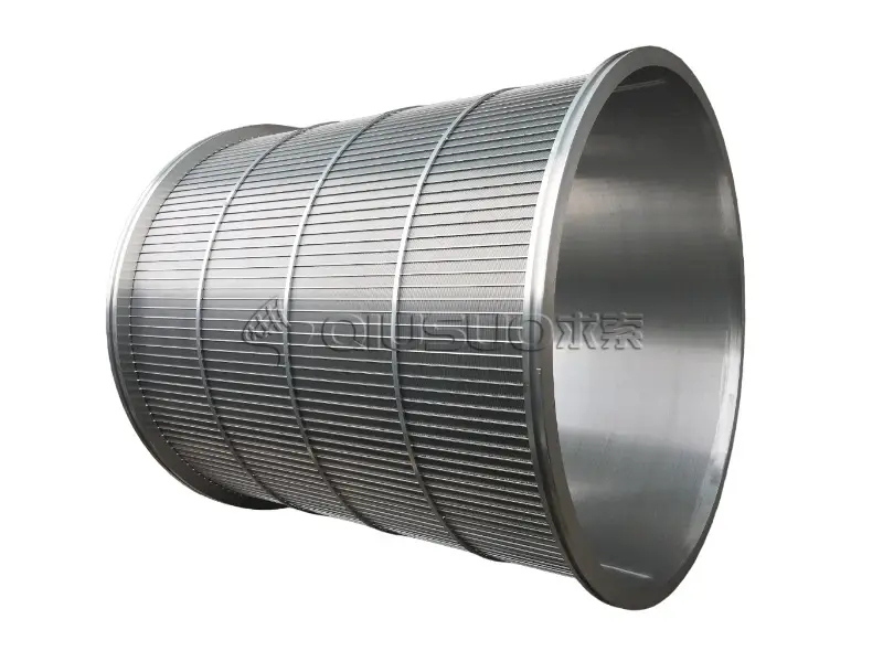 An internal fed rotary drum screen with welding ring on white background