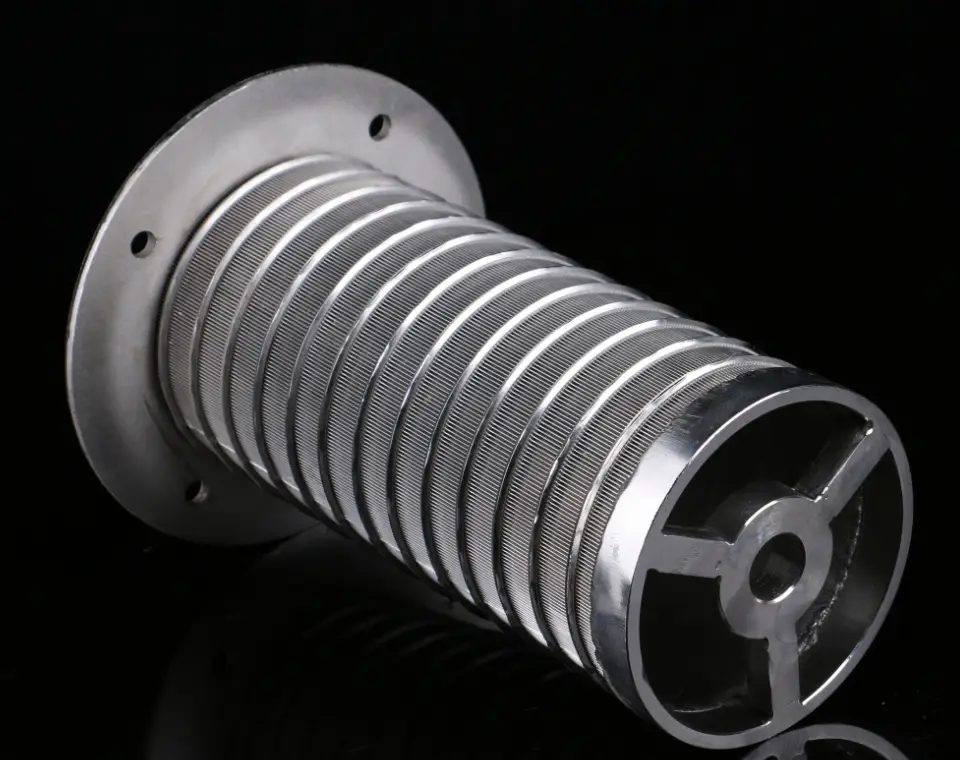 A wedge wire screen filter on black background.