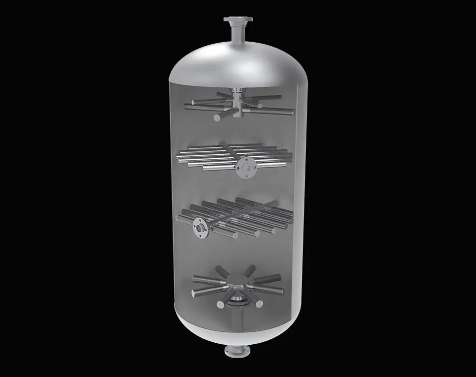 A perspective view of four different wedge wire screen laterals placed inside the tank against a black background. 