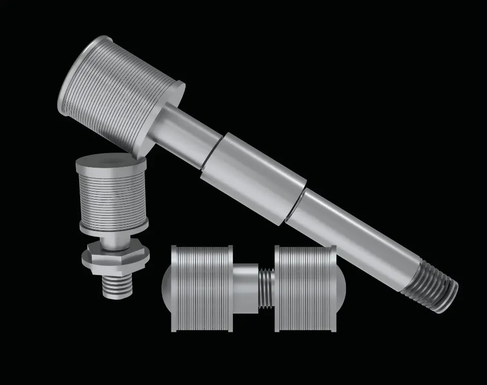 Different types of wedge wire nozzles on black background.