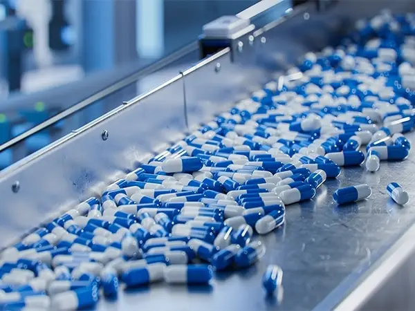 Many capsules are placed on the pharmaceutical production line.